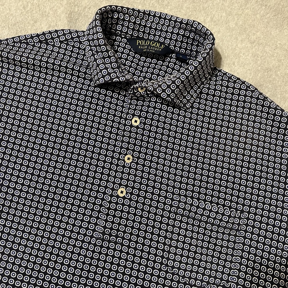 Polo Golf Shirt Men's XL Blue AOP Geometric Preppy Performance Stretch Pima EUC